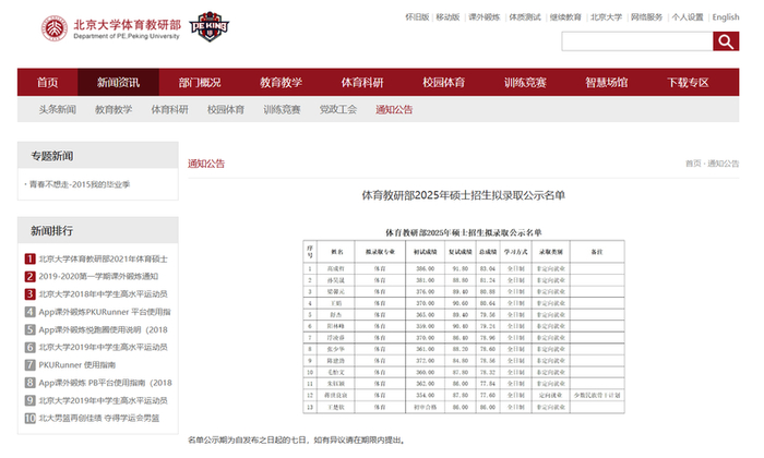 北京大学体育教研部2025年硕士招生拟录取公示名单/北京大学体育教研部官网