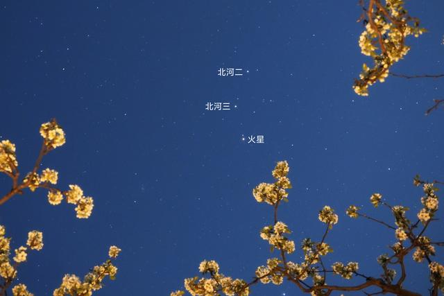 2025年4月2日在北京房山区琉璃河镇贾河村拍摄的火星和双子座中的北河三、北河二。（王俊峰 摄）