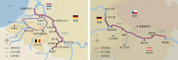 图：维京游轮2025年航季“15日莱茵与摩泽尔河亮点之旅”与“15日多瑙河探索之旅”航线图