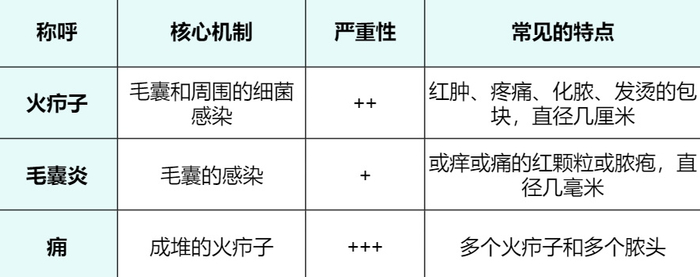表1. 火疖子和相似的皮肤问题对比