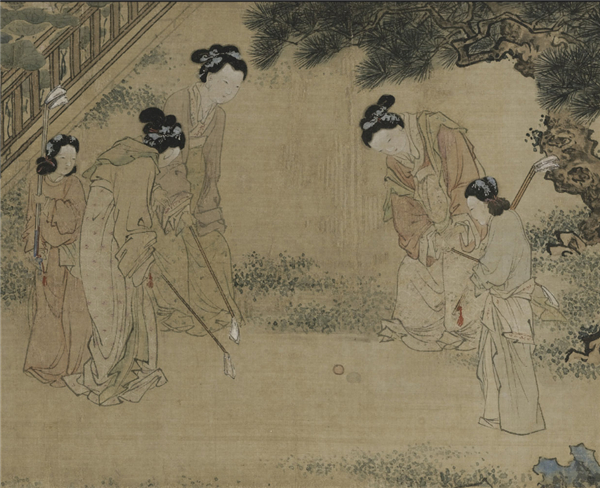 明代杜堇《仕女图》局部。图片中仕女玩的“步打球”也是唐朝人经常在寒食节玩的运动。图片来自上海博物馆网站