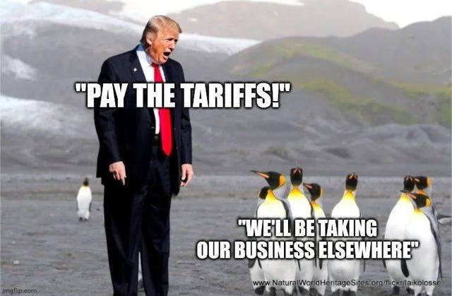 社交媒体截图。特朗普要对一群企鹅征税，企鹅们说“我们将去别处做生意”