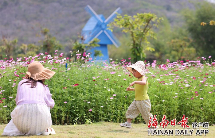 4月3日，家长带着孩子在三亚南山文化旅游区踏青赏花。