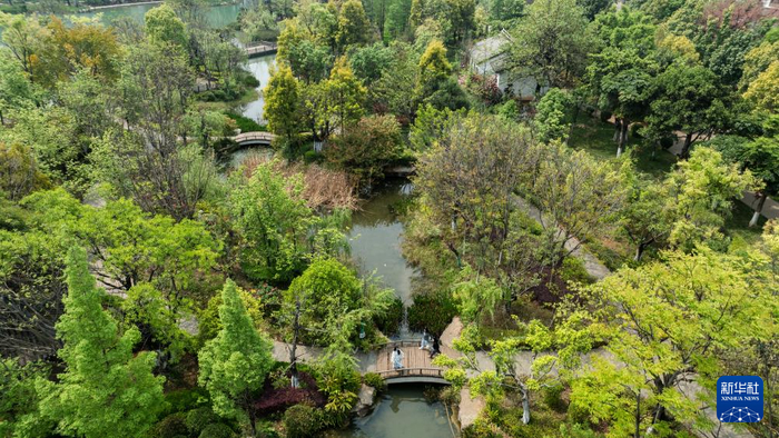 人们在云南省红河州弥勒市红河水乡小镇游玩（4月6日摄，无人机照片）。新华社记者 胡超 摄