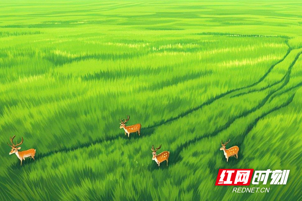 集成麋鹿自然保护区里，麋鹿成群结队，优雅踱步其间。