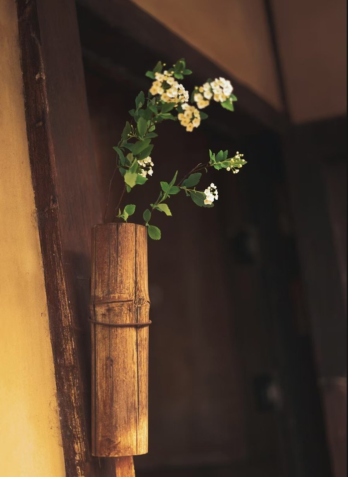 原木门框上镶嵌着一只木筒，里面钻出几簇绣线菊。金亮亮 摄