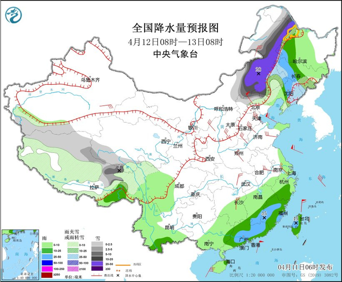 图7 全国降水量预报图（4月12日08时-13日08时）