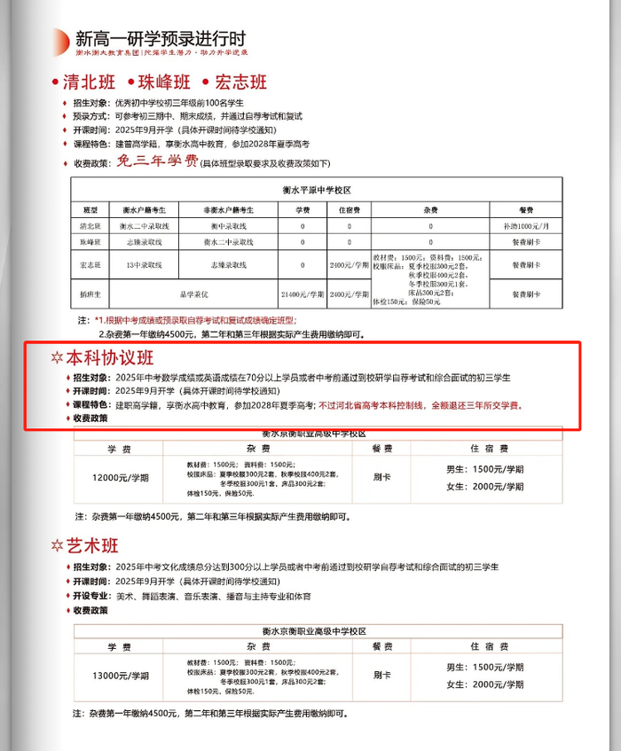 　　衡水京衡职业高级中学2025年招生简章显示，本科协议班明确注明“不过河北省高考本科控制线，全额退还三年所交学费”