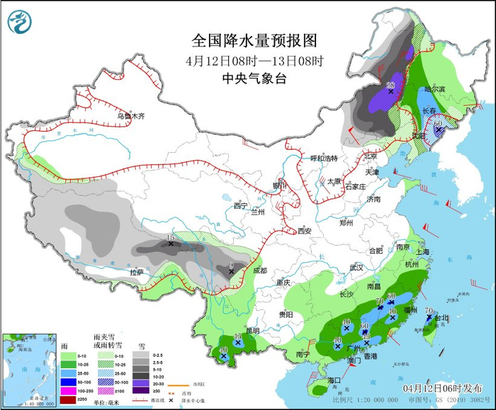 图5 全国降水量预报图（4月12日08时-13日08时）