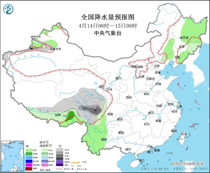 图7 全国降水量预报图（4月14日08时-15日08时）