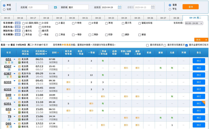   北京-重庆车次余票情况。12306官网截图，下同
