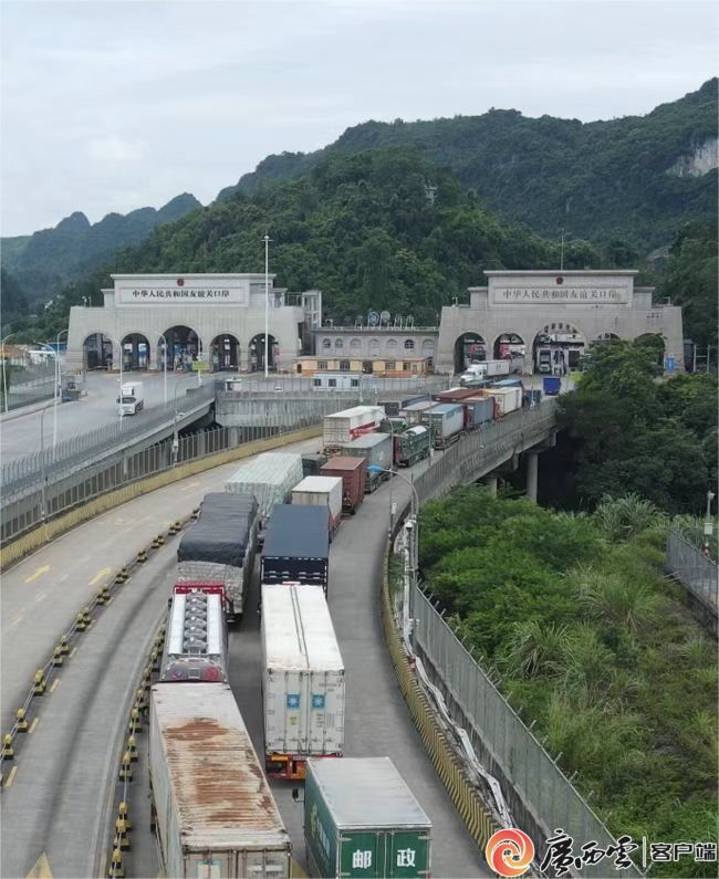 满载货物的跨境车辆在友谊关口岸正在排队等候通关。赵卫东 摄