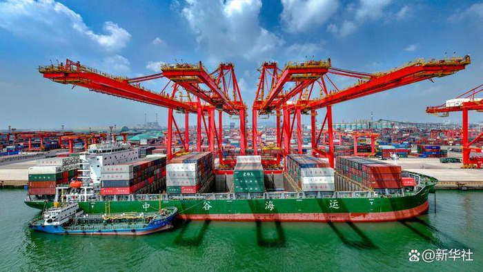 在山东港口日照港集装箱码头，轮船在停泊作业（2024年8月22日摄，无人机照片）。新华社记者 郭绪雷 摄