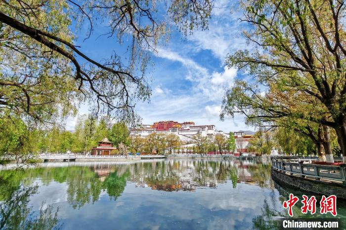 4月18日，拉萨布达拉宫广场人工湖倒影风光。　中新社记者　江飞波　摄