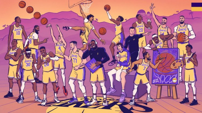 直播吧4月19日讯 今日，湖人官方推特晒出一张全员官方卡通海报，为季后赛预热。