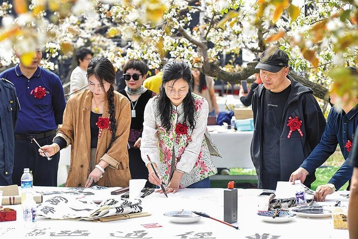     ▼图为游客在大龙华村梨园参与书画作品创作活动。