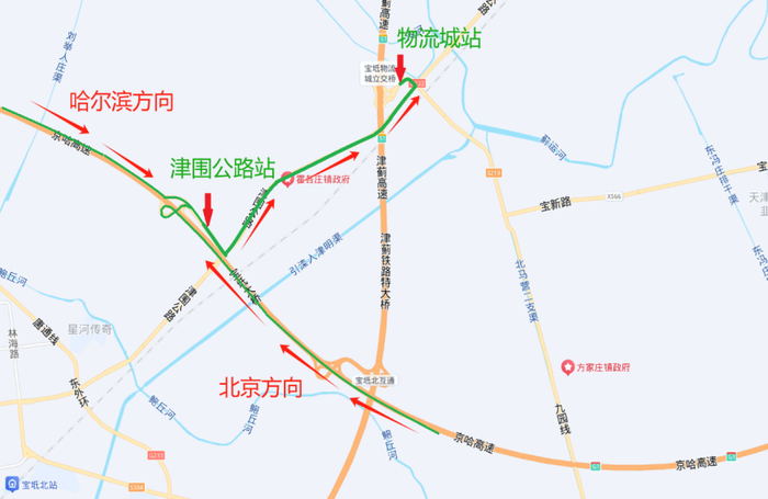 （京哈高速去往津蓟高速绕行示意图）