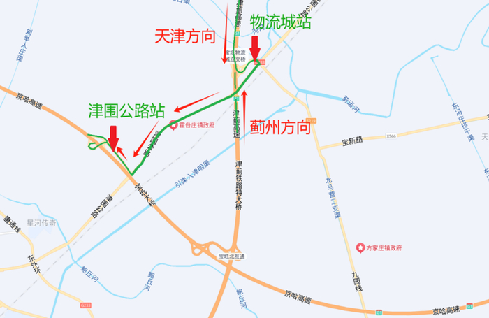 （津蓟高速去往京哈高速绕行示意图）