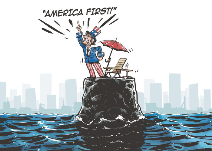 “美国优先”只会导致“美国孤立”。（来源：中国日报 蔡艨 英文《中国日报》2025年4月22日8版）