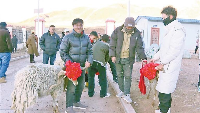        图为阿旺乡种羊发放活动现场，牧户喜领种羊。