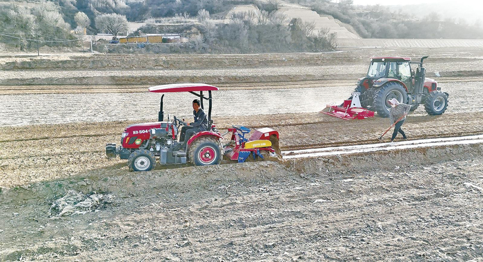 华池县山庄乡群众开展覆膜作业。 庆阳融媒记者 李卿 摄