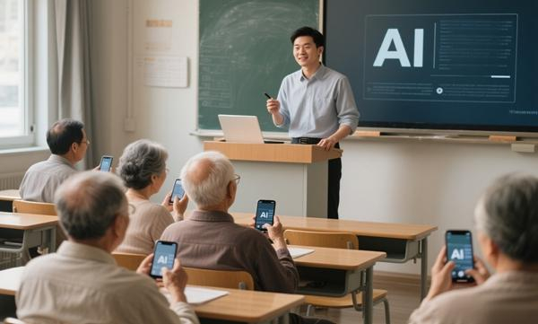一位老师在讲台上讲授AI课程，老人们坐在教室里听课，用手机同步操作。AI人机协同生成