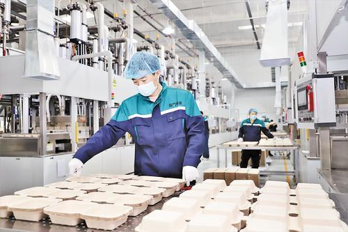     4月7日，在河北谷芮环保包装制品有限公司车间，工人在制作环保餐盒。 高阳摄