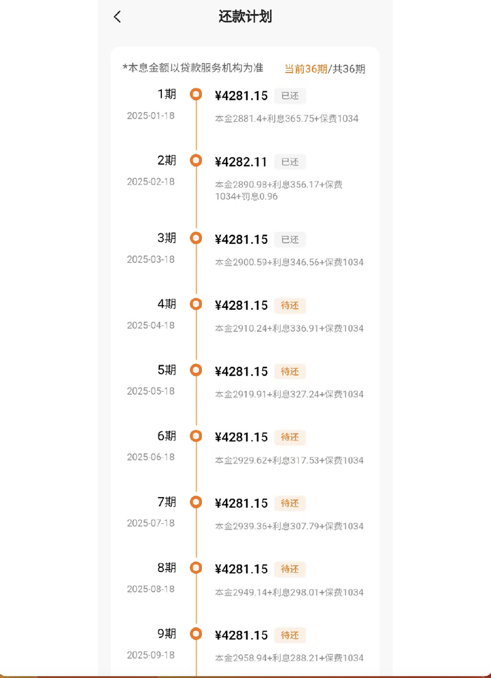 张扬向记者出示其还款计划，每月保费为1034元。图片来源/受访者供图