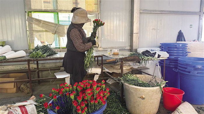 员工清理花卉打包。