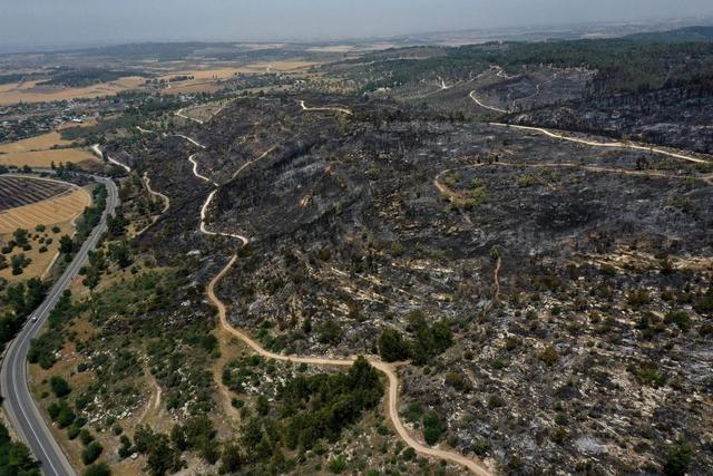 这是4月24日在耶路撒冷附近拍摄的一处被山火焚毁的森林保护区（无人机照片）。新华社发（吉尔·科恩·马根 摄）