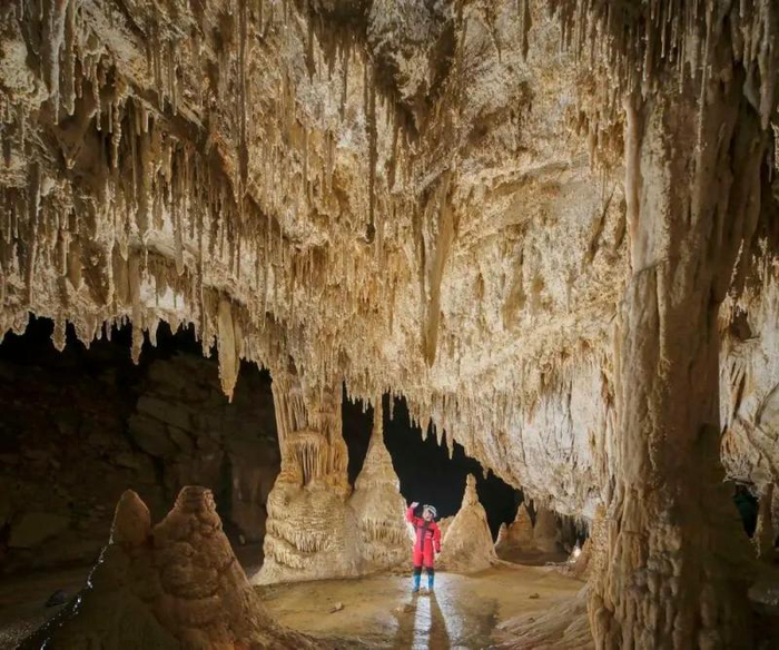 探险队员在贵州省遵义市道真县洞穴内科考。新华社发