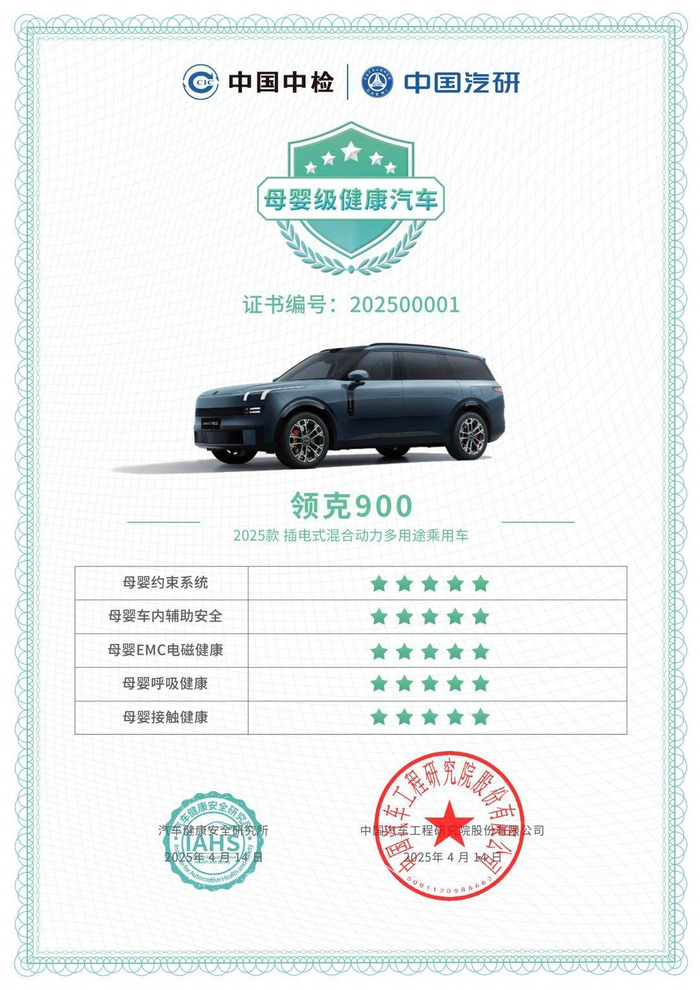 母婴级健康汽车证书