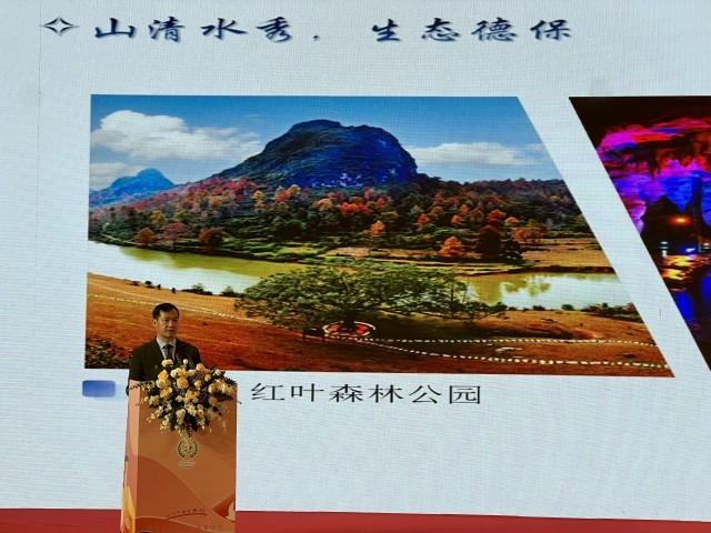 县人民政府县长农李泽在会上作推介。（黎玉聪 摄）