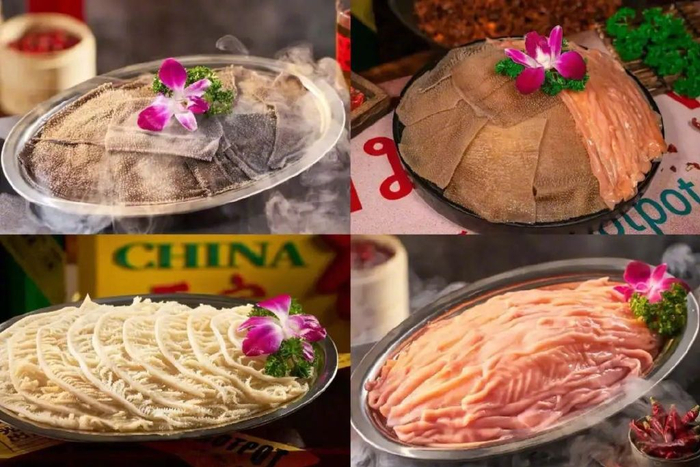 图源：小程序@朱光玉火锅馆为了让菜品看上去没那么单调，有的素菜即便不放一整朵粉紫色花，也会拿一小片花瓣来装点。