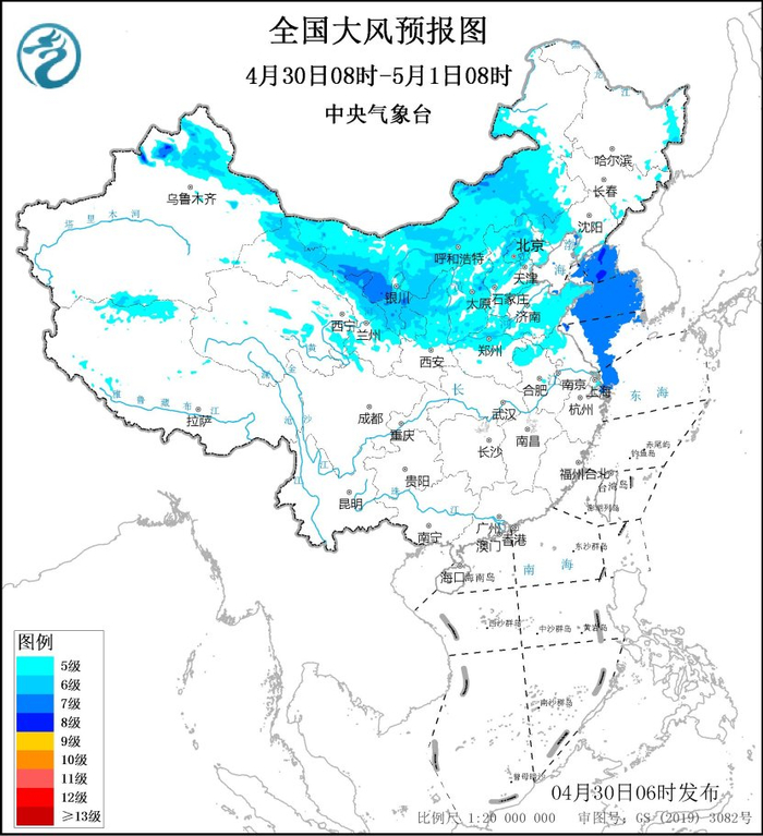 图1 全国大风预报图（4月30日08时-5月1日08时）