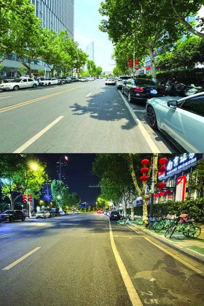  雨润大街的道路临时停车泊位白天上班时段全部停满，夜间则空出很多。 南京日报/紫金山新闻记者 胥欣 摄