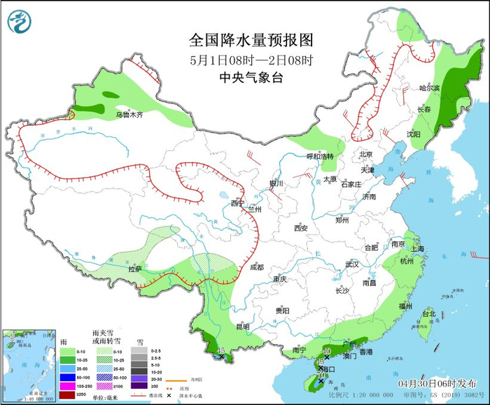 图3 全国降水量预报图（5月1日08时-2日08时）