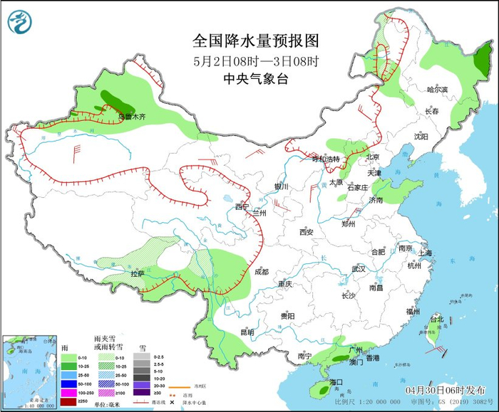 图4 全国降水量预报图（5月2日08时-3日08时）
