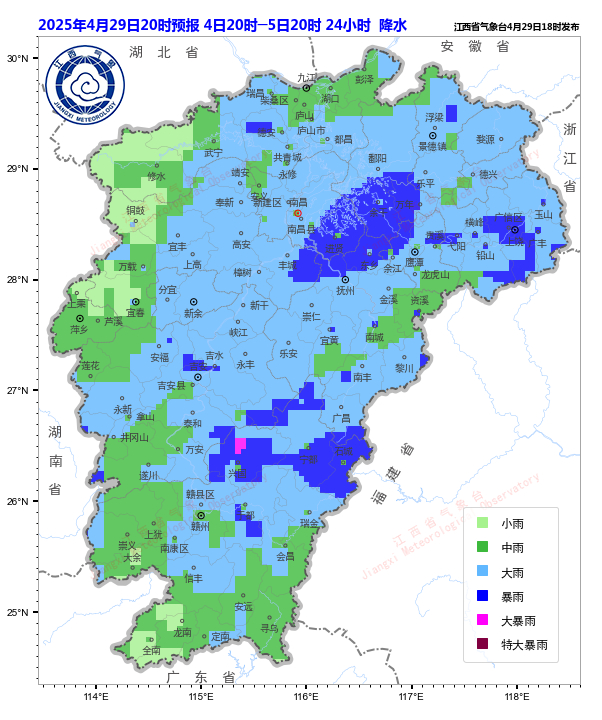 江西省5月4日-5日降水落区预报图