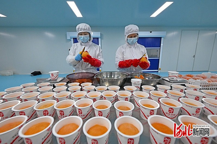 4月25日，保定沃隆农业发展有限公司，工人在冰柿加工车间生产冰柿产品。 河北日报记者 张昊摄