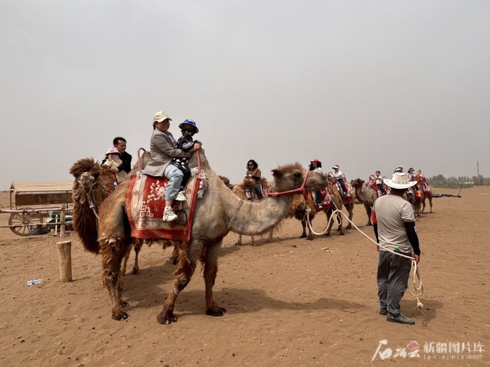 5月2日，游客在库木塔格沙漠风景名胜区骑乘骆驼。石榴云／新疆日报记者张小宓摄