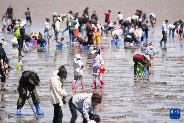 5月3日，游人在天津市滨海新区东疆亲海公园赶海。