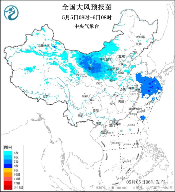 图2 5月5日08时-6日08时全国大风预报图