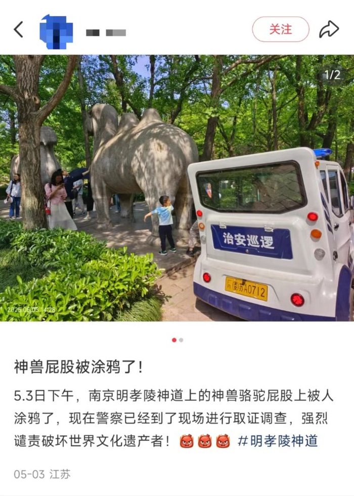 网民发帖，称石兽被涂鸦了。网页截屏