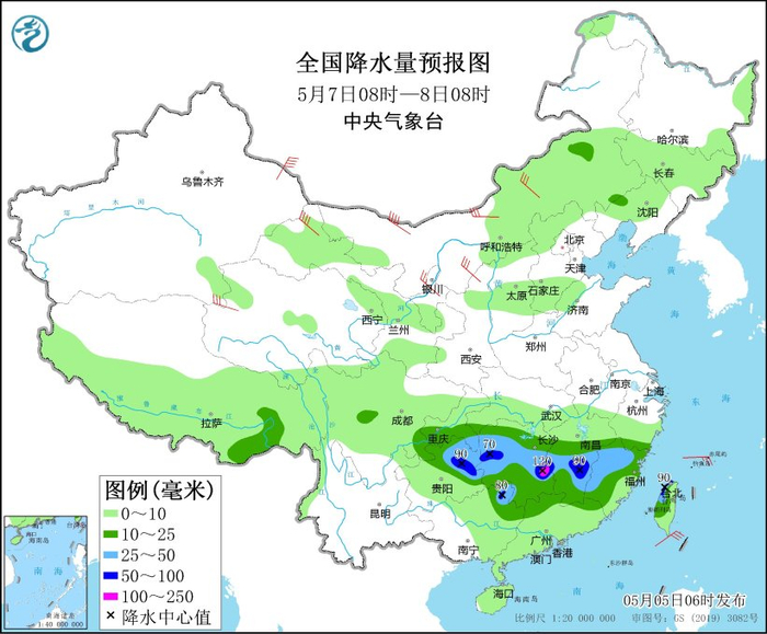 图6 全国降水量预报图（5月7日08时-8日08时）