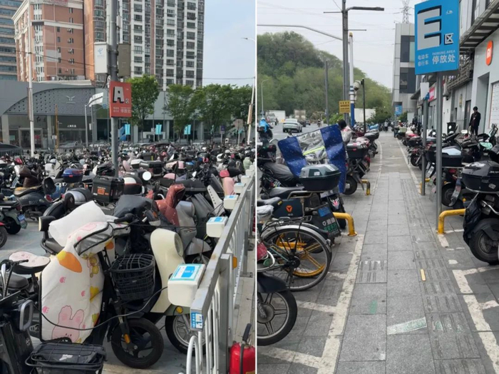 △宝山区万达广场设立的规范化非机动车停车点。（车佳楠/摄）