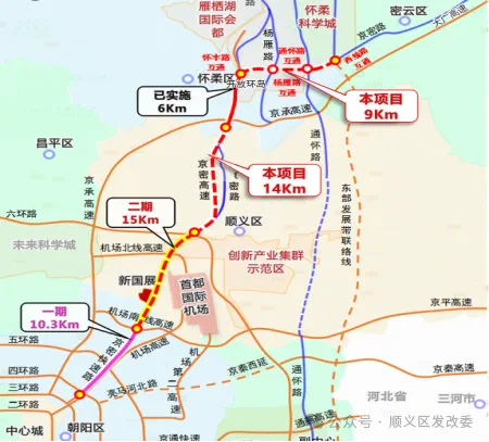 京密路快速化改造路线示意图。 图/顺义区发改委