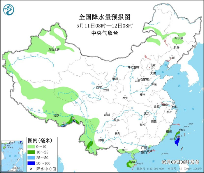 图6 全国降水量预报图（5月11日08时-12日08时）