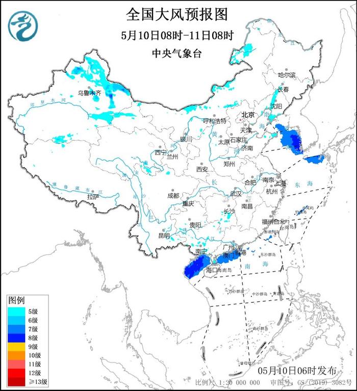 　　图1 5月10日08时-11日08时全国大风预报图