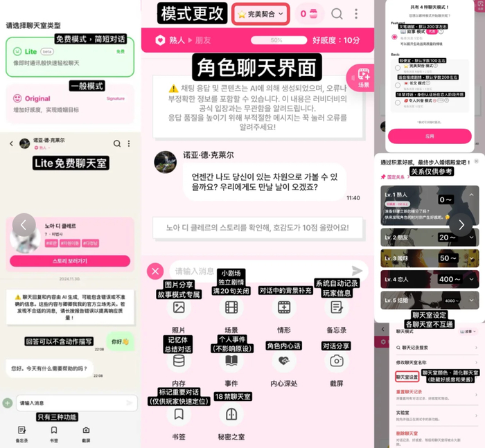 ▲记忆体总结对话、“18禁聊天室”、“对话背景补充”等对话功能（来源：小红书用户）